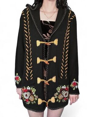 Black Floral boho Embroidered Cardigan with button detailing Size Large